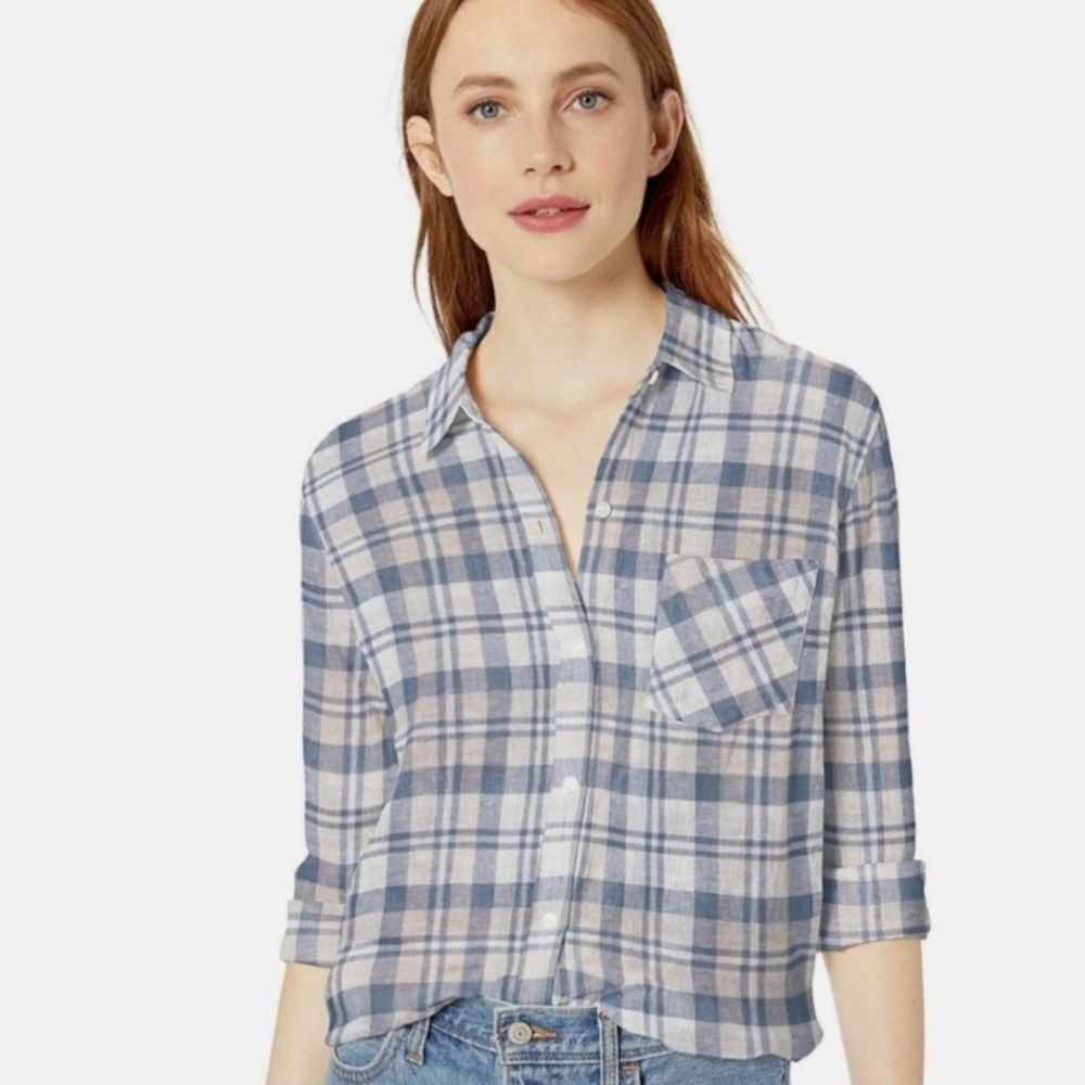Rails Charlie Shirt Linen White Sand Coast Blue Plaid Button Front Top Small